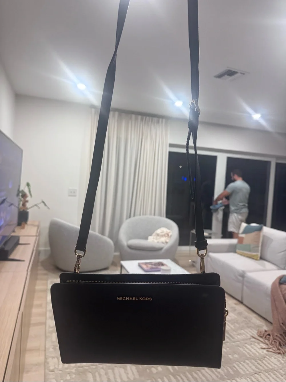 Michael Kors Black Leather Convertible Crossbody with Gold Hardware